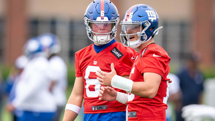 NY Giants quarterbacks Jaxson Dart and Tommy DeVito are shown during a practice at Quest Diagnostics Training Center.