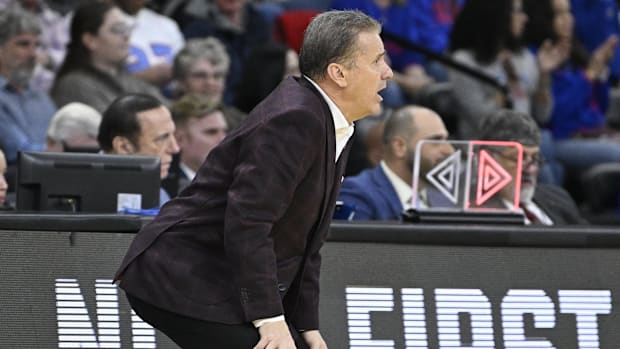 Razorbacks coach John Calipari reacts during the second half against the Kansas Jayhawks at Amica Mutual Pavilion. 