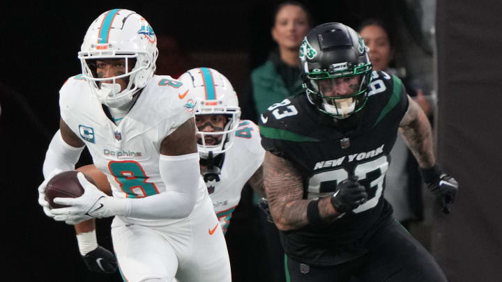 Jevon Holland returned an interception for a 100-yard TD in the first half against the New York Jets at MetLife Stadium on Black Friday.