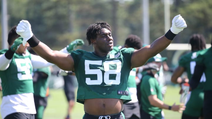 Defensive lineman Carl Lawson loosens up during the opening day of the 2022 New York Jets Training Camp in Florham Park, NJ on July 27, 2022.

Opening Of The 2022 New York Jets Training Camp In Florham Park Nj On July 27 2022