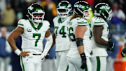 Nov 13, 2025; Foxborough, Massachusetts, USA; New York Jets quarterback Justin Fields (7) on the field against the New England Patriots in the fourth quarter at Gillette Stadium. Mandatory Credit: David Butler II-Imagn Images