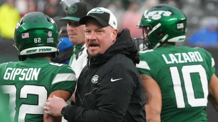 East Rutherford, NJ     December 3, 2023 -- Jets offensive coordinator Nathaniel Hackett before the game. The Atlanta Falcons and the NY Jets play at MetLife Stadium on December 3, 2023 in East Rutherford, NJ.