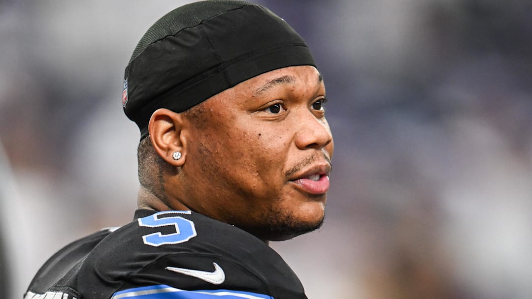 Dec 25, 2025; Minneapolis, Minnesota, USA; Detroit Lions running back David Montgomery (5) looks on before the game against the Minnesota Vikings at U.S. Bank Stadium.