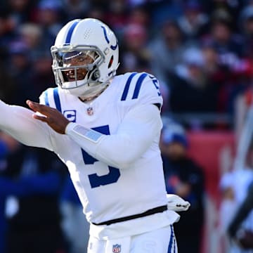 Dec 1, 2024; Foxborough, Massachusetts, USA;  Indianapolis Colts quarterback Anthony Richardson (5) throws a pass during the first half against the New England Patriots at Gillette Stadium. Mandatory Credit: Bob DeChiara-Imagn Images