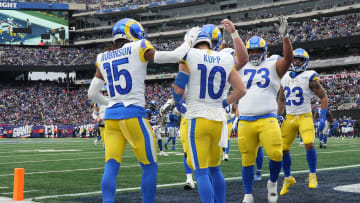 East Rutherford, NJ     December 31, 2023 -- The Rams offense celebrates their second TD of the game against the Giants. 