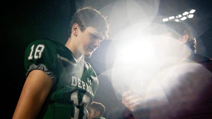 DePaul football hosts Immaculata in a playoff game in Wayne, NJ on Friday, November 11, 2022. DP #18 Derek Zammit does an interview after DePaul beats Immaculata 42-13.

Depaul Football Hosts Immaculata