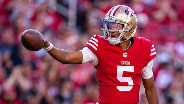 August 18, 2024; Santa Clara, California, USA; San Francisco 49ers quarterback Joshua Dobbs (5) during the second quarter against the New Orleans Saints at Levi's Stadium. Mandatory Credit: Kyle Terada-Imagn Images August 18, 2024; Santa Clara, California, USA; San Francisco 49ers quarterback Joshua Dobbs (5) during the second quarter against the New Orleans Saints at Levi's Stadium. Mandatory Credit: Kyle Terada-Imagn Images