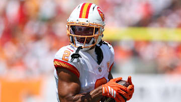 Tampa Bay Buccaneers wide receiver Emeka Egbuka receives a pass against the New York Jets in the second quarter