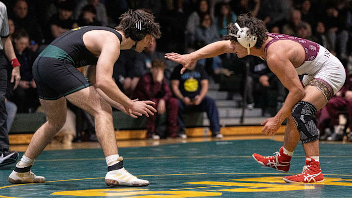 Don Bosco's Joey Monticello wrestles St. Joseph's Brandon Karwoski in a 157-pound match during the 2024-25 season. Don Bosco's Joey Monticello wrestles St. Joseph's Brandon Karwoski in a 157-pound match during the 2024-25 season.