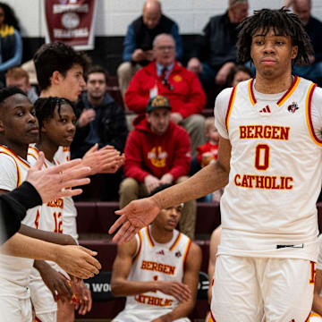 Bergen Catholic #0 Julius Avent make his entrance. Ridgewood boys basketball hosts Bergen Catholic in a game on Tuesday, Jan. 28, 2025.