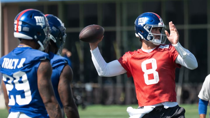 Daniel Jones, quarterback, throws the ball during practice. The NY Giants NFL team held an organized team activity at their training facility in East Rutherford, NJ on Thursday May 30, 2024.