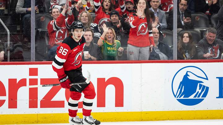 New Jersey Devils center Jack Hughes (86) after his goal during the third period against the Pittsburgh Penguins at Prudential Center. Mandatory Credit: Luther Schlaifer-Imagn Images