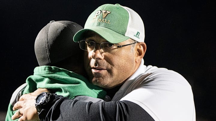 Pascack Valley football hosts River Dell, Friday, Oct. 18, 2024, Hillsdale, New Jersey. Pascack Valley head coach Len Cusumano celebrates a 35-7 win.