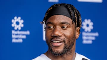 Bobby Okereke, inside linebacker with the NY Giants, speaks to the press after a practice at Quest Diagnostics Training Center, East Rutherford, NJ, May 28, 2025.