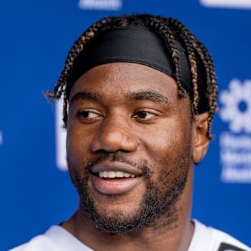Bobby Okereke, inside linebacker with the NY Giants, speaks to the press after a practice at Quest Diagnostics Training Center, East Rutherford, NJ, May 28, 2025.