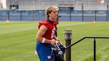 Jaxson Dart a quarterback with the NY Giants, is shown after practice at Quest Diagnostics Giants Training Center, East Rutherford, NJ, May 28, 2025.