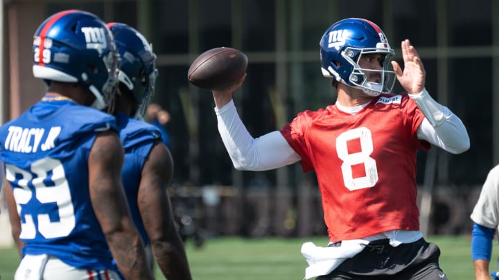 Daniel Jones, quarterback, throws the ball during practice. The NY Giants NFL team held an organized team activity at their training facility in East Rutherford, NJ on Thursday May 30, 2024.
