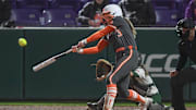 Clemson sophomore Kylee Johnson (3) hits a home run against Charlotte during the bottom of the third inning at McWhorter Stadium in Clemson Tuesday, February 18, 2025.