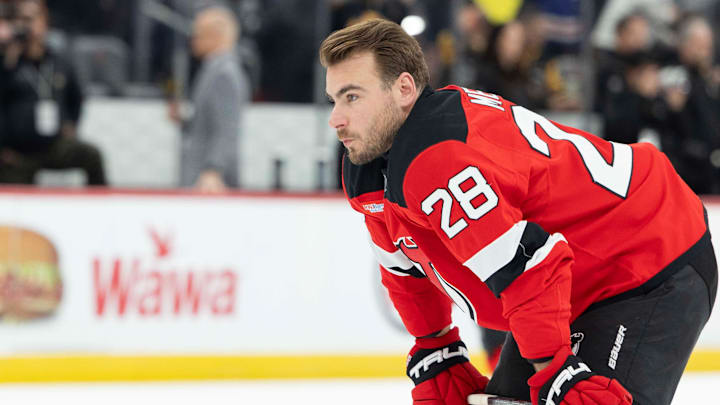 Apr 9, 2026; Newark, New Jersey, USA; New Jersey Devils right wing Timo Meier (28)  before the game against against the Pittsburgh Penguins at Prudential Center. Mandatory Credit: Luther Schlaifer-Imagn Images