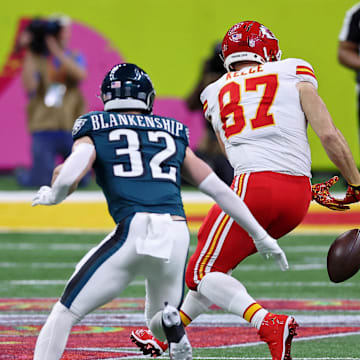 Kelce didn't haul in a single pass in the first half of Super Bowl LIX.