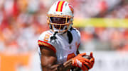 Sep 21, 2025; Tampa, Florida, USA; Tampa Bay Buccaneers wide receiver Emeka Egbuka (2) receives a pass against the New York Jets in the second quarter at Raymond James Stadium.