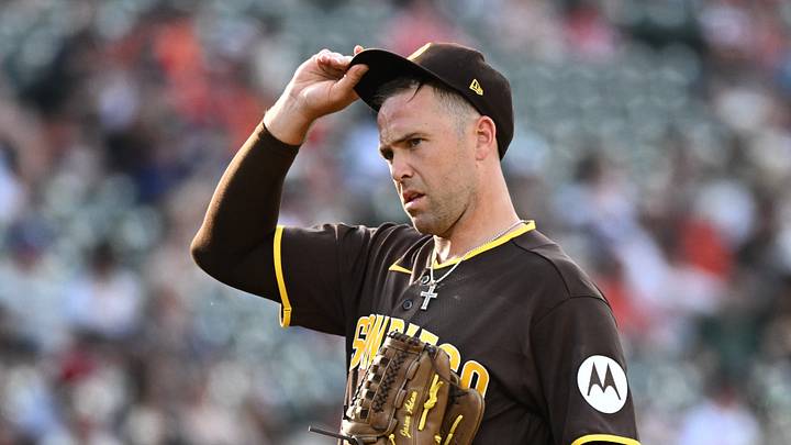 Jun 13, 2026; Baltimore, Maryland, USA;  San Diego Padres pitcher Jason Adam (40) looks on during the eighth inning against the Baltimore Orioles at Oriole Park at Camden Yards. Mandatory Credit: James A. Pittman-Imagn Images