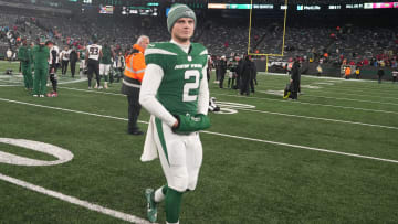 East Rutherford, NJ     December 3, 2023 -- Zach Wilson of the Jets walks off the field at the end