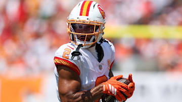 Sep 21, 2025; Tampa, Florida, USA; Tampa Bay Buccaneers wide receiver Emeka Egbuka (2) receives a pass against the New York Jets in the second quarter at Raymond James Stadium. 