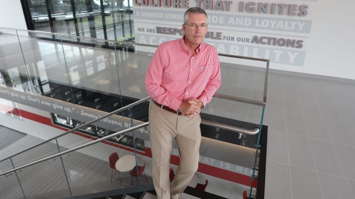 Rutgers Athletic Director, Pat Hobbs in the lobby of the Gary and Barbara Rodkin Academic Success Center