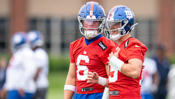 NY Giants quarterbacks Jaxson Dart and Tommy DeVito are shown during a practice at Quest Diagnostics Training Center, East Rutherford, NJ, May 28, 2025.