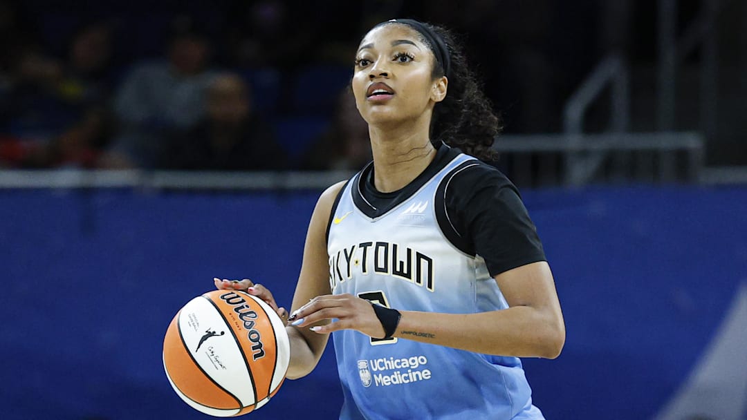 Sep 3, 2025; Chicago, Illinois, USA; Chicago Sky forward Angel Reese (5) brings the ball up court against the Connecticut Sun during the second half at Wintrust Arena. Mandatory Credit: Kamil Krzaczynski-Imagn Images