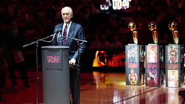 Jan 19, 2024; Miami, Florida, USA; Miami Heat president Pat Riley speaks during the jersey retirement ceremony for former player Udonis Haslem during halftime of the game between the Miami Heat and the Atlanta Hawks Kaseya Center. Mandatory Credit: Jasen Vinlove-Imagn Images