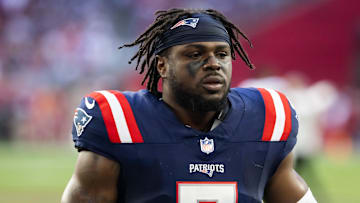 Dec 15, 2024; Glendale, Arizona, USA; New England Patriots safety Jabrill Peppers (5) against the Arizona Cardinals at State Farm Stadium. Mandatory Credit: Mark J. Rebilas-Imagn Images