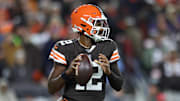 Nov 16, 2025; Cleveland, Ohio, USA; Cleveland Browns quarterback Shedeur Sanders (12) drops back to pass during the third quarter against the Baltimore Ravens at Huntington Bank Field. Mandatory Credit: Scott Galvin-Imagn Images