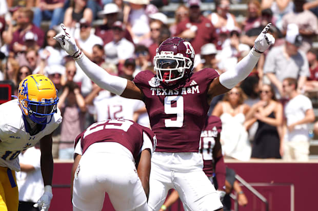 Texas A&M Aggies defensive back Trey Jones III (9) reacts to a play during the fourth quarter against McNeese State.