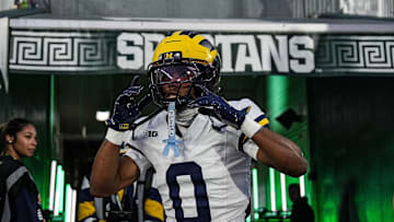 Michigan wide receiver Semaj Morgan (0) takes the field for warmup ahead of the Michigan State game at Spartan Stadium in East Lansing on Saturday, October 25, 2025.