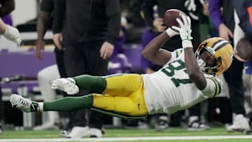 Green Bay Packers wide receiver Romeo Doubs is unable to make a reception.