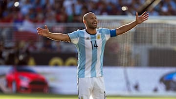 Jun 6, 2016; Santa Clara, CA, USA; Argentina midfielder Javier Mascherano (14) reacts during a play against Chile during the first half during the group play stage of the 2016 Copa America Centenario at Levi's Stadium. Mandatory Credit: Kelley L Cox-Imagn Images