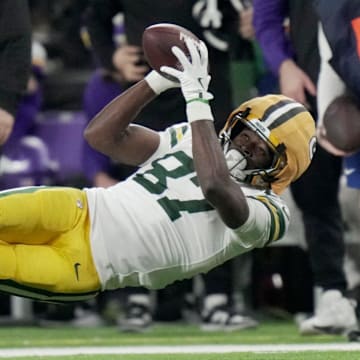 Green Bay Packers wide receiver Romeo Doubs is unable to make a reception.