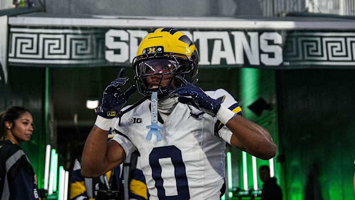 Michigan wide receiver Semaj Morgan (0) takes the field for warmup ahead of the Michigan State game at Spartan Stadium in East Lansing on Saturday, October 25, 2025.