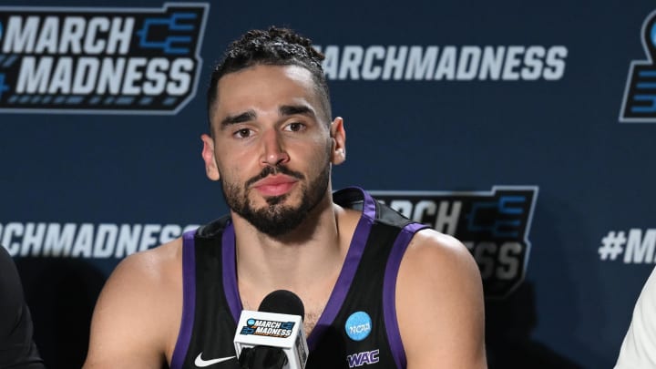 Mar 24, 2024; Spokane, WA, USA; Grand Canyon Antelopes forward Gabe McGlothan (30) talks the media after being defeated by Alabama Crimson Tide at Spokane Veterans Memorial Arena. Mandatory Credit: James Snook-USA TODAY Sports