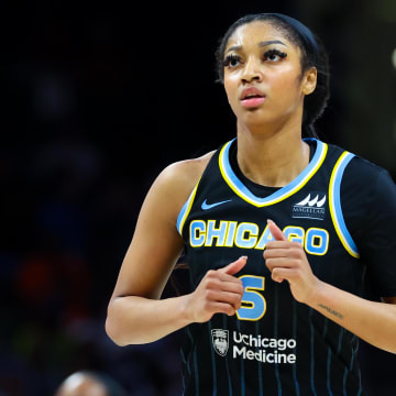 May 15, 2024; Arlington, Texas, USA;  Chicago Sky forward Angel Reese (5) reacts during the second quarter of her WNBA debut. 