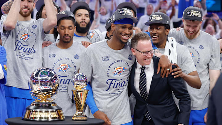 Oklahoma City Thunder guard Shai Gilgeous-Alexander hugs Oklahoma City Thunder executive vice president and general manager Sam Presti after their team defeated the Minnesota Timberwolves in game five of the western conference finals for the 2025 NBA Playoffs at Paycom Center. Oklahoma City Thunder guard Shai Gilgeous-Alexander hugs Oklahoma City Thunder executive vice president and general manager Sam Presti after their team defeated the Minnesota Timberwolves in game five of the western conference finals for the 2025 NBA Playoffs at Paycom Center.