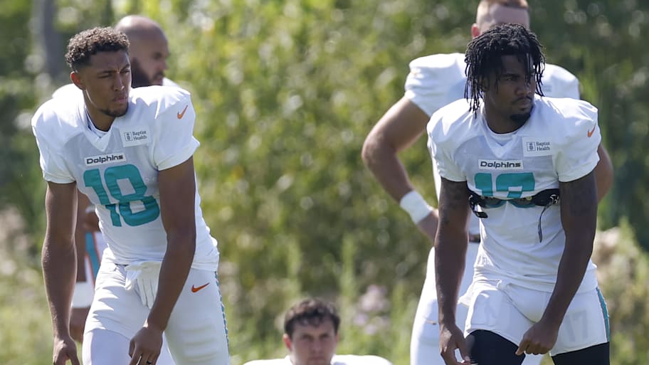 Miami Dolphins wide receiver Nick Westbrook-Ikhine (18) and wide receiver Jaylen Waddle (17) stand on the field during joint training camp practice with the Chicago Bears. | Kamil Krzaczynski-Imagn Images