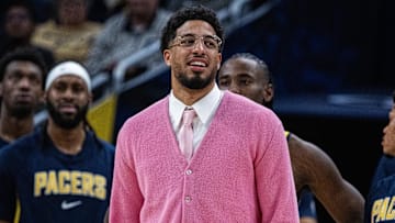 Indiana Pacers guard Tyrese Haliburton (0) in the second half against the Oklahoma City Thunder at Gainbridge Fieldhouse.