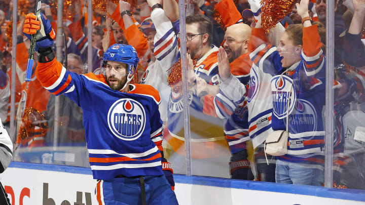 Apr 22, 2024; Edmonton, Alberta, CAN; Edmonton Oilers forward Adam Henrique (19) celebrates after scoring a goal during the first period against the Los Angeles Kings in game one of the first round of the 2024 Stanley Cup Playoffs at Rogers Place. Mandatory Credit: Perry Nelson-USA TODAY Sports