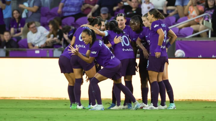 Orlando, Florida, USA;  Orlando Pride celebrate a goal by forward Adriana Leal da Silva (9) during the first half against NJ/NY Gotham FC at Inter&Co Stadium. Mandatory Credit: Mike Watters-USA TODAY Sports