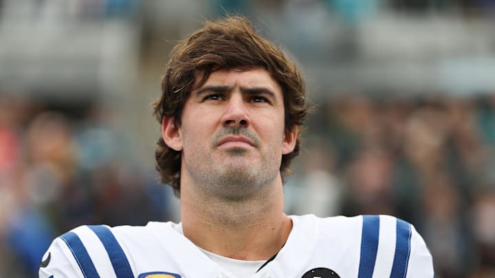 Indianapolis Colts quarterback Daniel Jones stands on the field