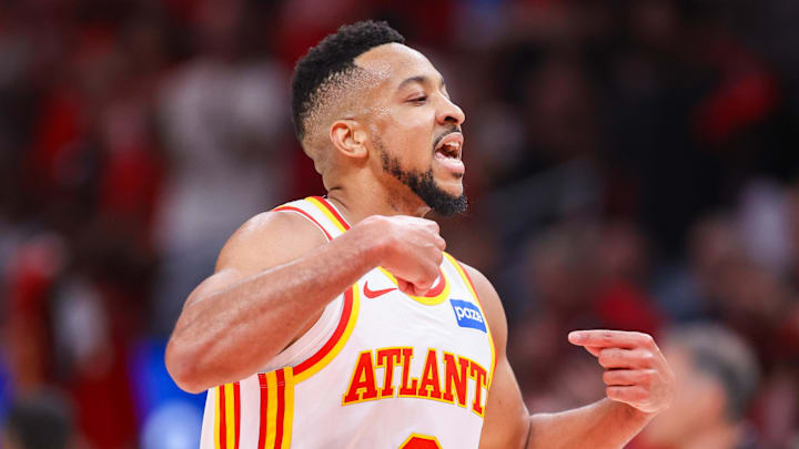Atlanta Hawks guard CJ McCollum (3) reacts after a basket against the New York Knicks in the second quarter during game three of the first round of the 2026 NBA Playoffs at State Farm Arena on April 23, 2026.