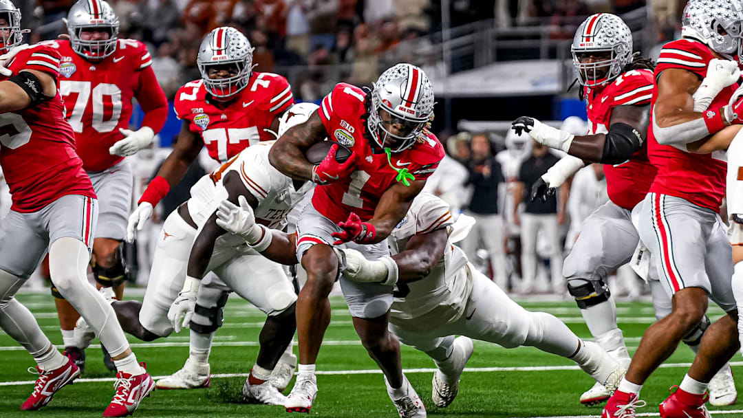 Ohio State running back Quinshon Judkins (1) runs the ball in for a touchdown during the College Football Playoff semifinal game against the Texas Longhorns in the Cotton Bowl at AT&T Stadium on Friday, Jan. 10, 2024 in Arlington, Texas.